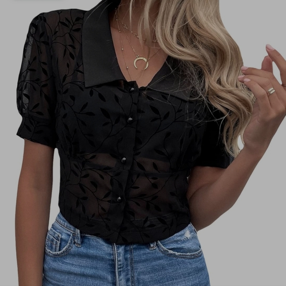 Floral Sheer Lace Short Sleeve Blouse Button Front Collar Tops Shirt